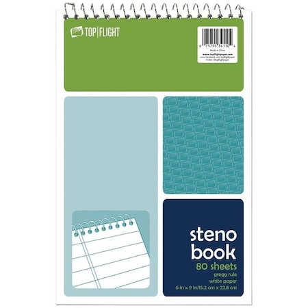 Steno Pad, Rule Sheet, 6 In L X 9 In W Sheet, 80Sheet, White Sheet, Wirebound Binding